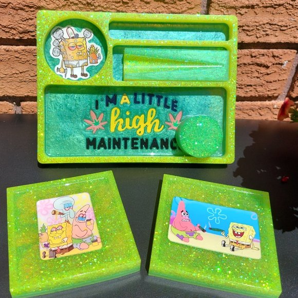 SpongeBob SquarePants/Cannabis Rolling Tray/Ashtray/Coasters Set - Picture 2 of 9